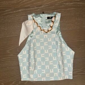 Elisabetta Franchi teal and white cropped Top with gold and white ribbon & chain